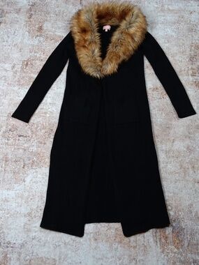 Show Me Your Mumu Lombardi Cardi Black Fur Collar Ribbed Long Sweater